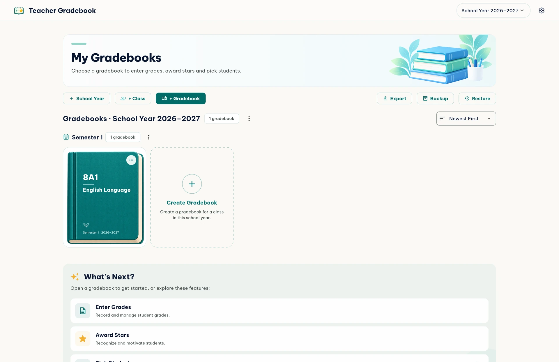 The English bookshelf with School Year, Class, Gradebook, Backup and Restore buttons