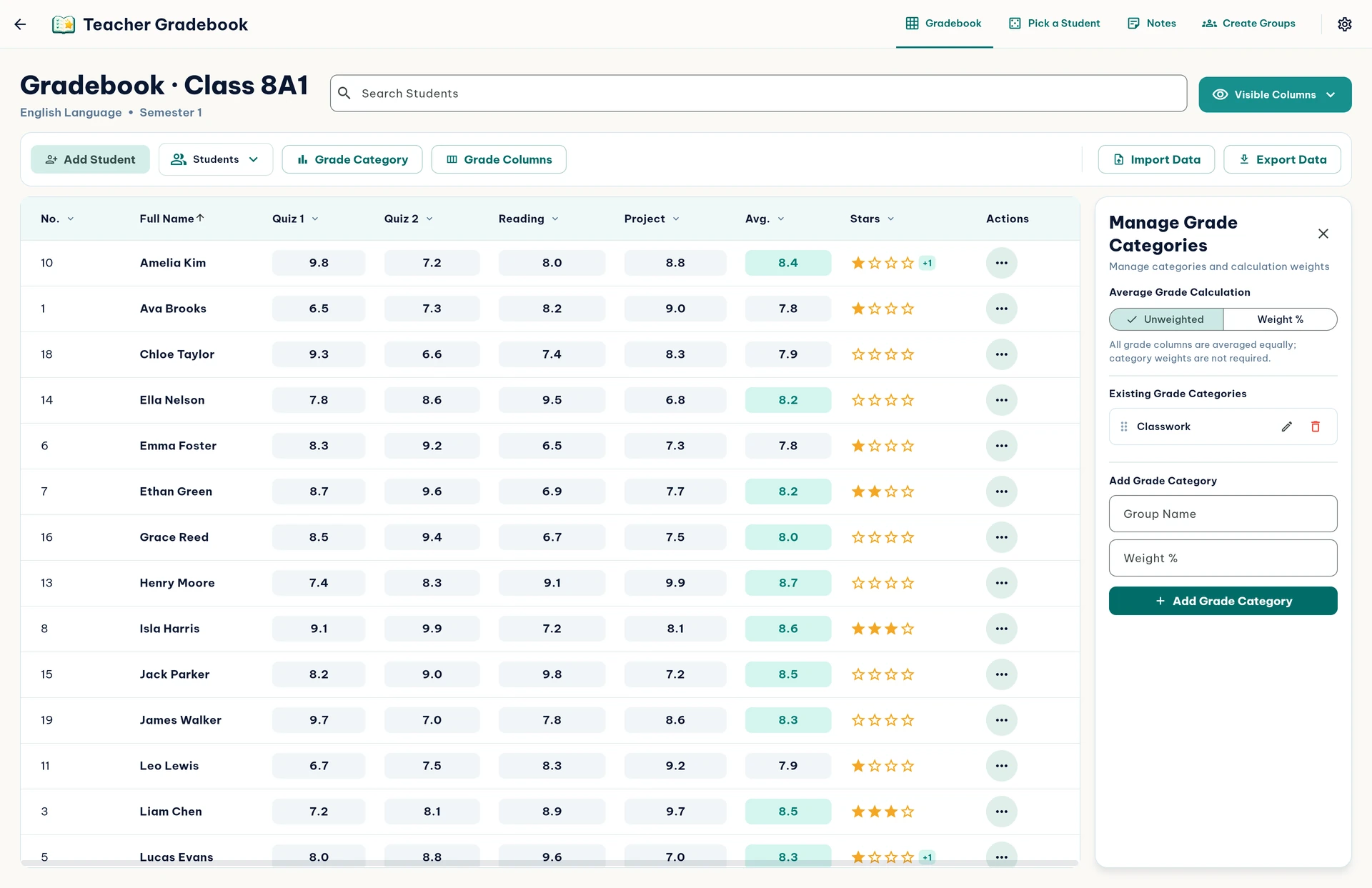 English grade category management and average calculation settings