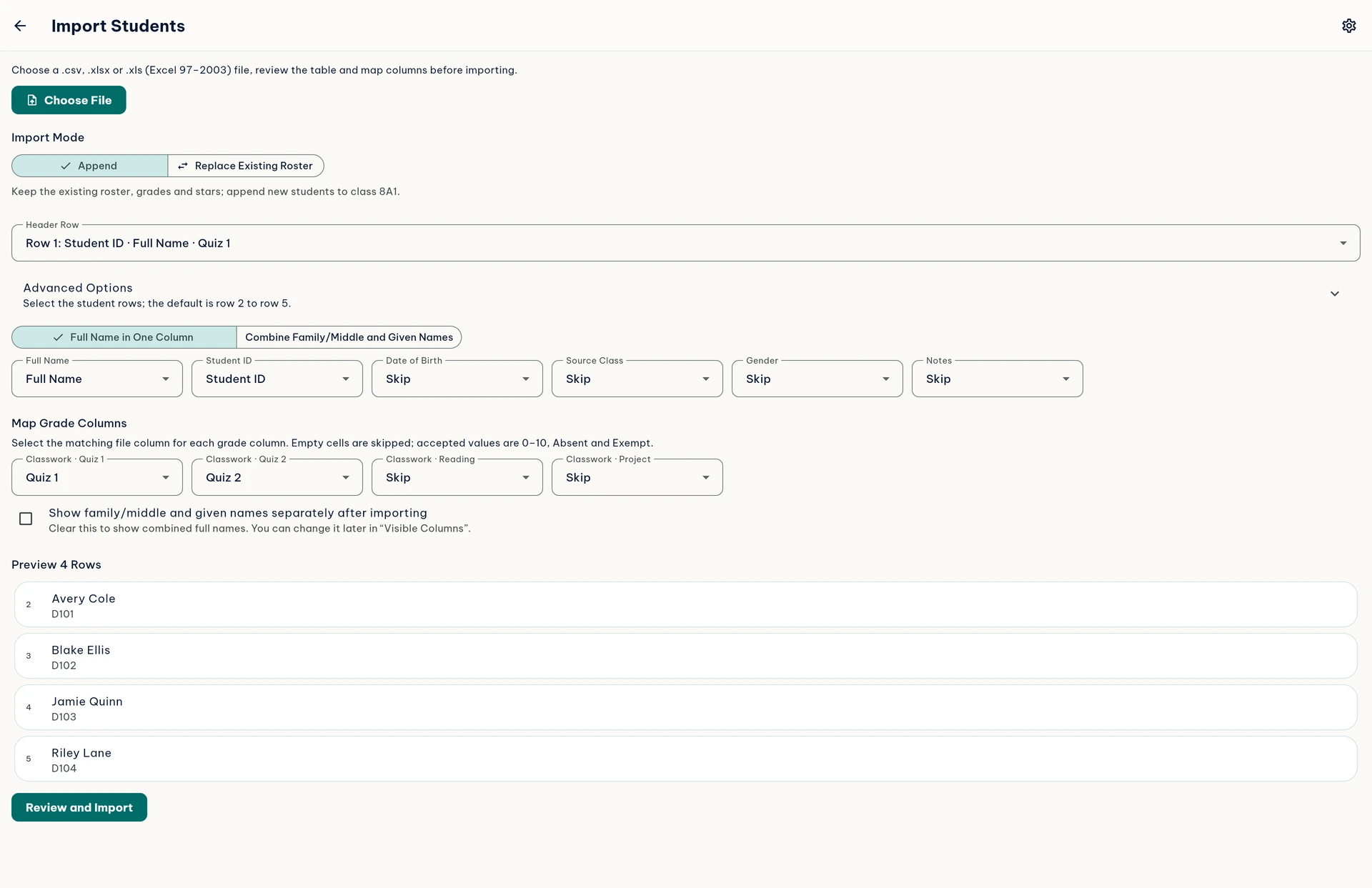 The English import screen showing a sample file and column mapping