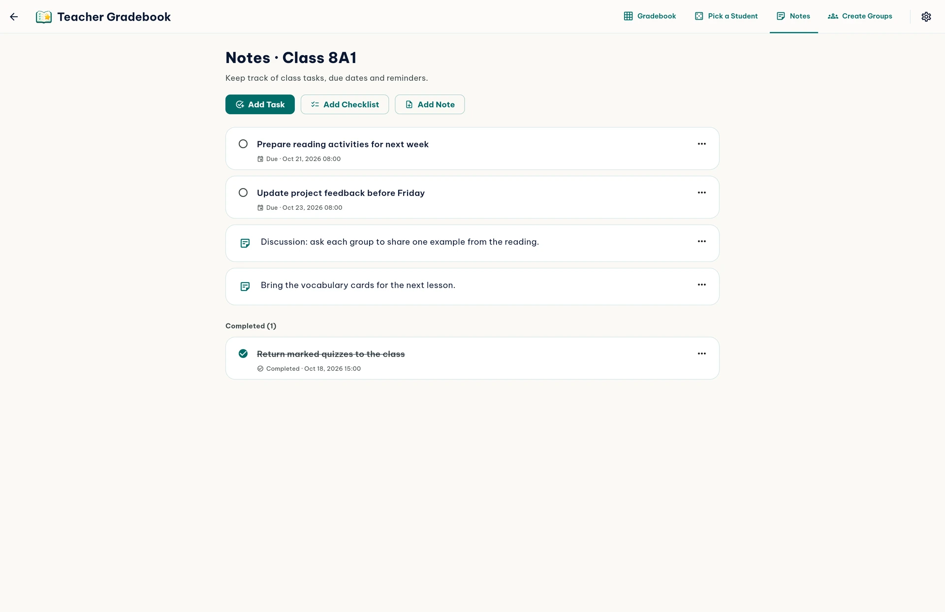 English class notes with tasks and due dates