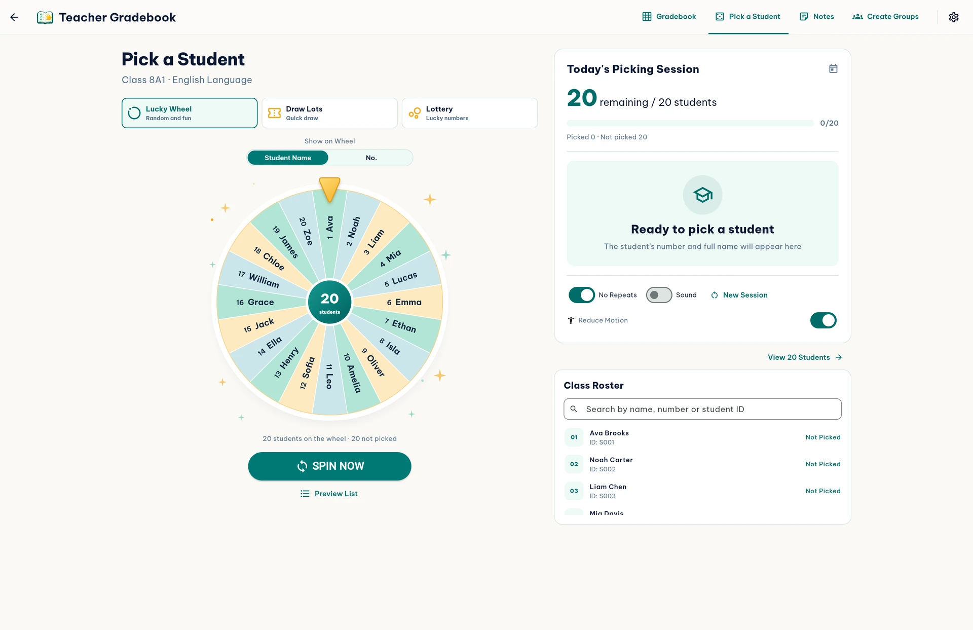 The student selection wheel in English