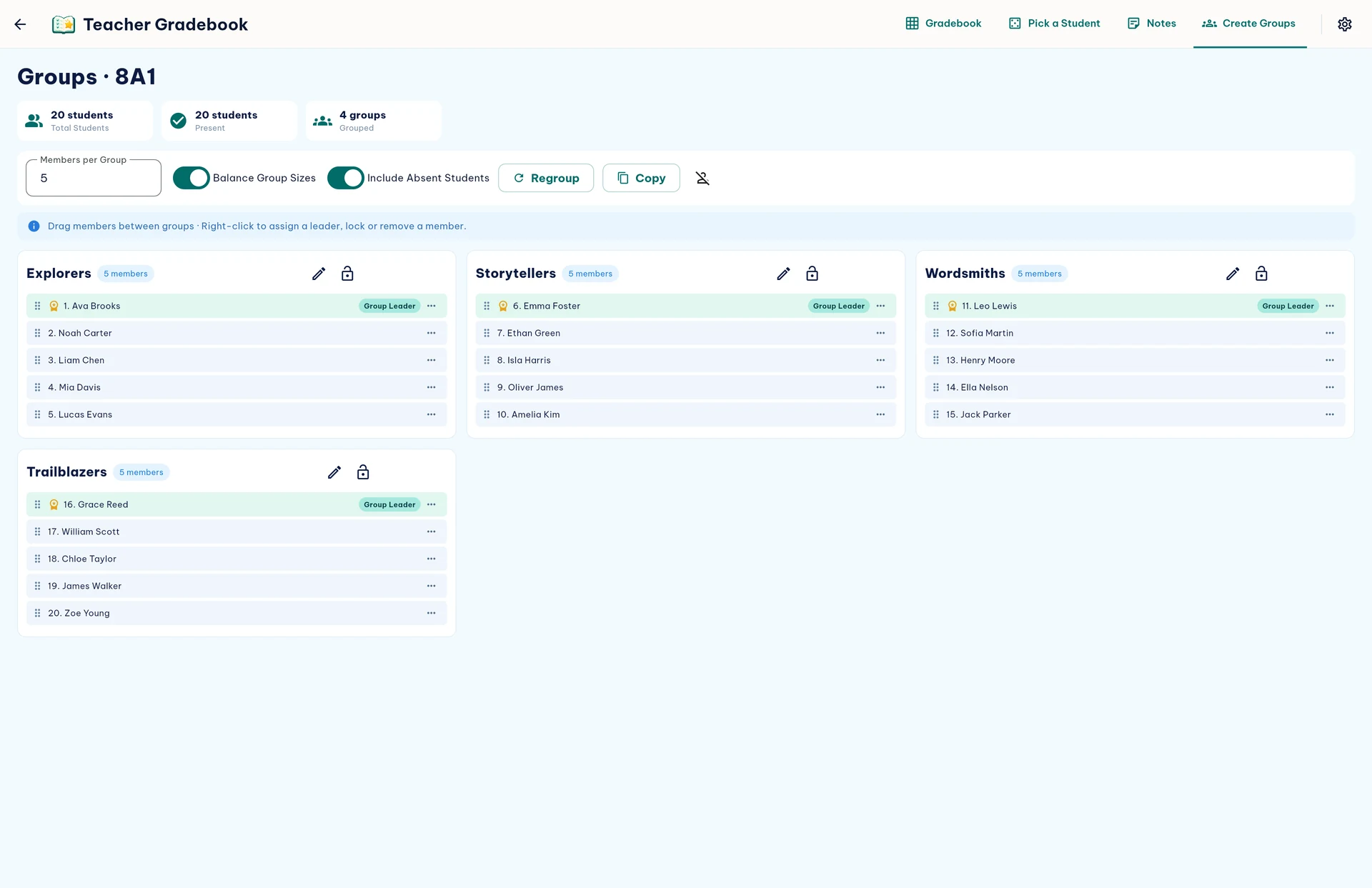 English app interface: Student Grouping. The screenshot uses sample data.