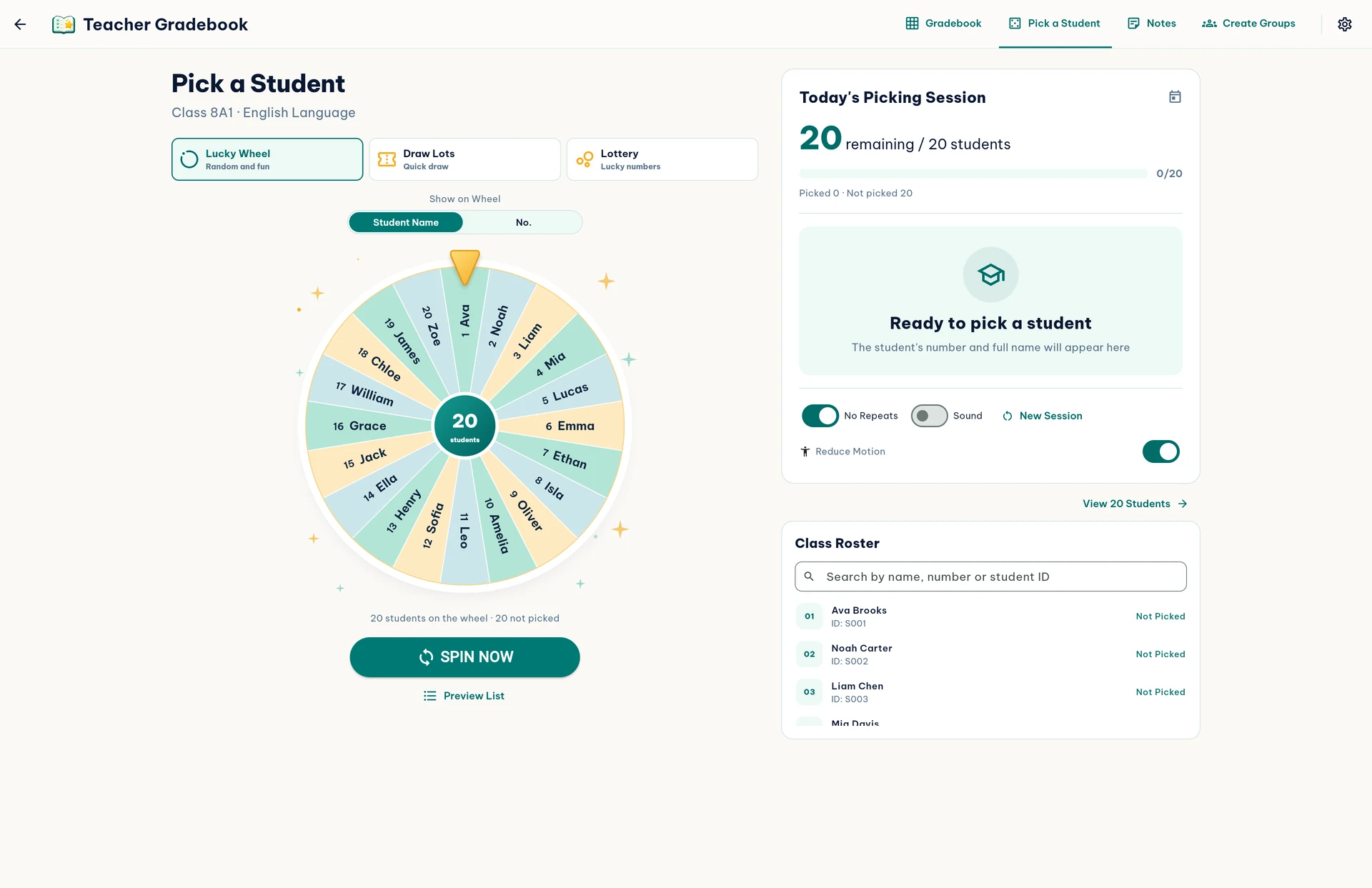 English app interface: Random Student Picker. The screenshot uses sample data.
