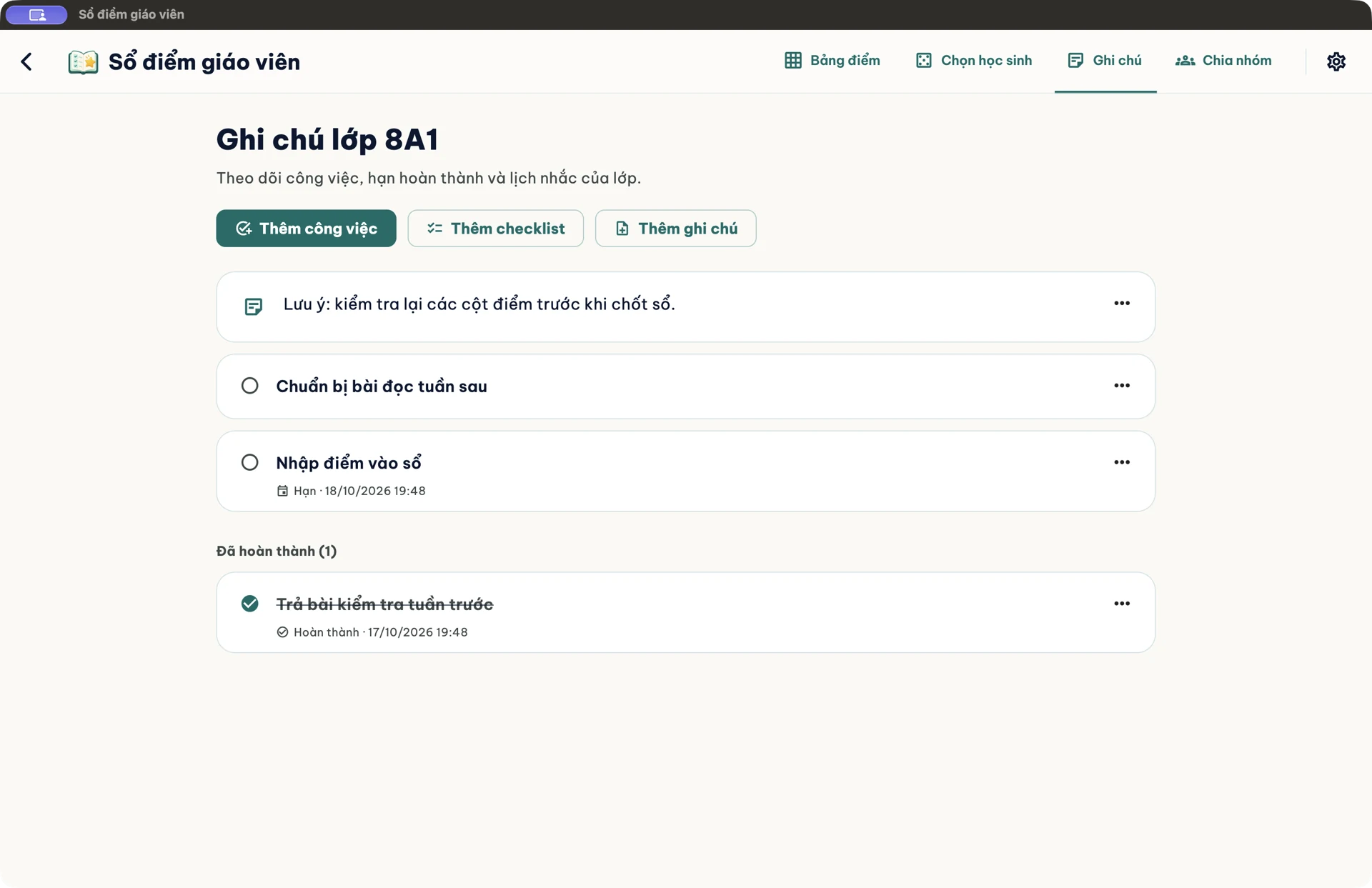 Giao diện macOS: Ghi chú & công việc. Dữ liệu trong ảnh là minh họa.